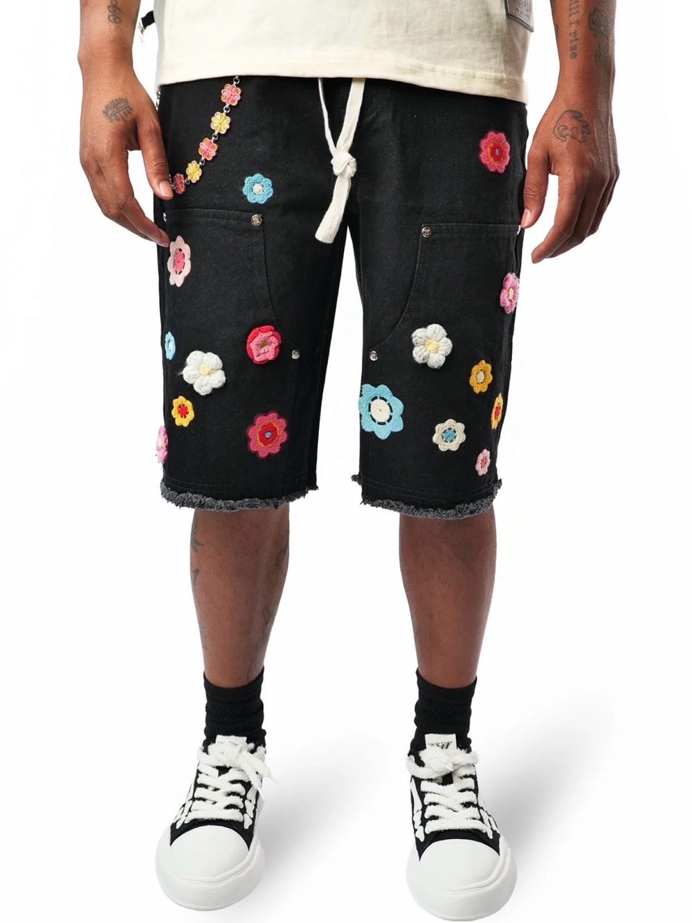 Watson Black Floral Crochet Appliqué Men’s Denim Shorts